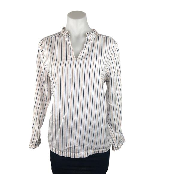 Jodhpur White Red Blue Pinstriped V Neck Ruffle Long Sleeve Shirt Top Size 6 - Picture 1 of 5